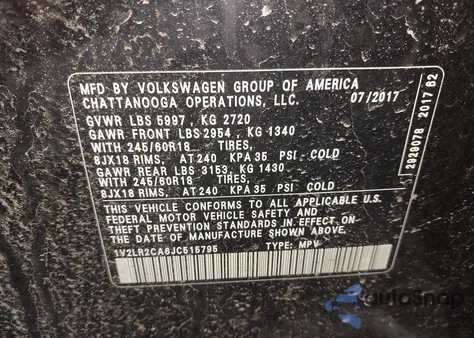 2018 Volkswagen Atlas 3.6L V6 Se/3.6L V6 Se W/Technology z USA, uszkodzony, nr VIN 1V2LR2CA6JC515795